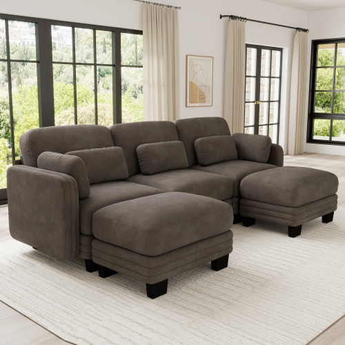Brown Chenille 3-Seat U-Shaped Modular Sofa with 2 Ottomans