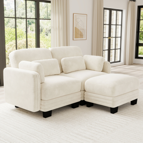 Beige Chenille 2-Seat Modular Loveseat Sofa with Movable Ottoman