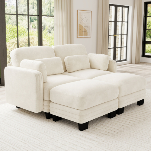 Beige Chenille 2-Seat Modular Sectional Sofa with Two Ottomans