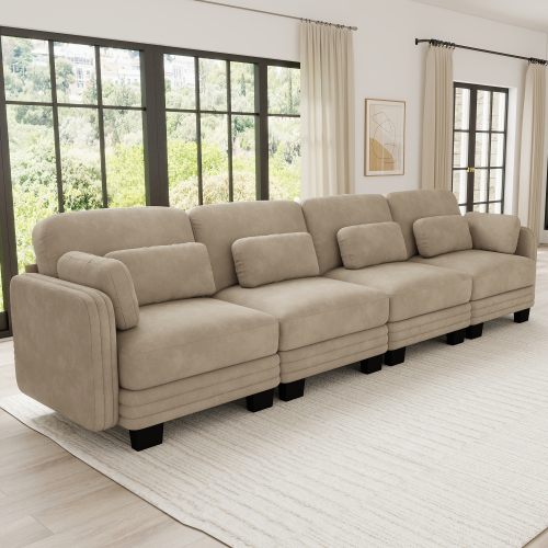 Camel Chenille 4-Seat Modular Sofa with Channel-Tufted Cushions