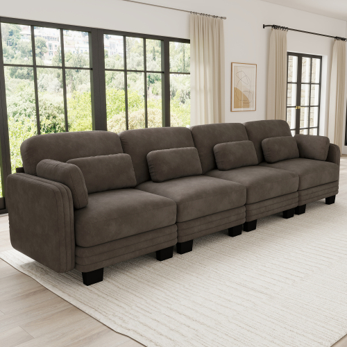 Brown Chenille Channel-Tufted Modular 4-Seat Sectional Couch