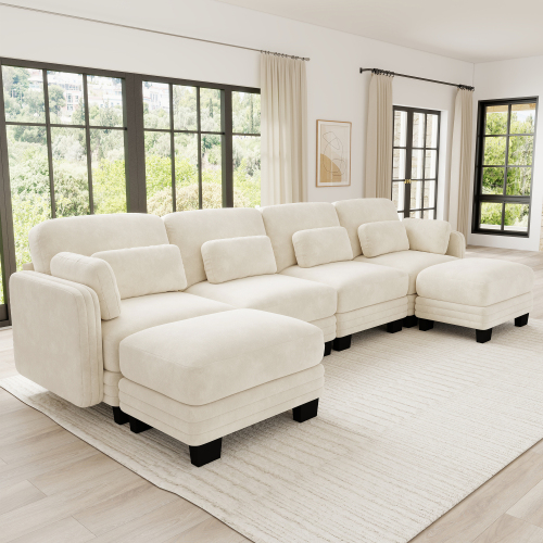 Beige Chenille 4-Seat U-Shaped Modular Sofa with 2 Movable Ottomans