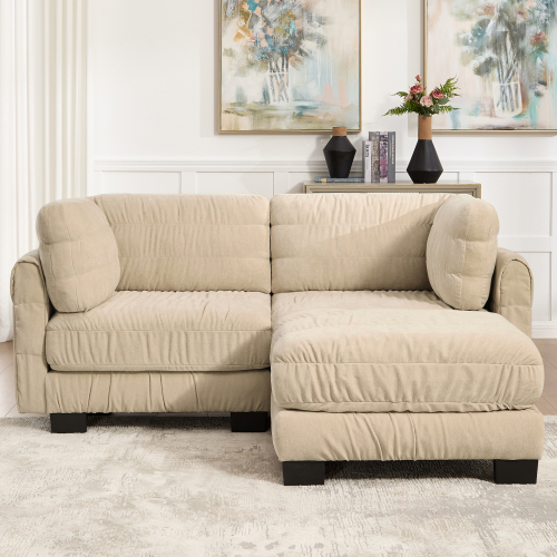 Camel Chenille 2-Seat Modular Sectional Sofa with Movable Ottoman
