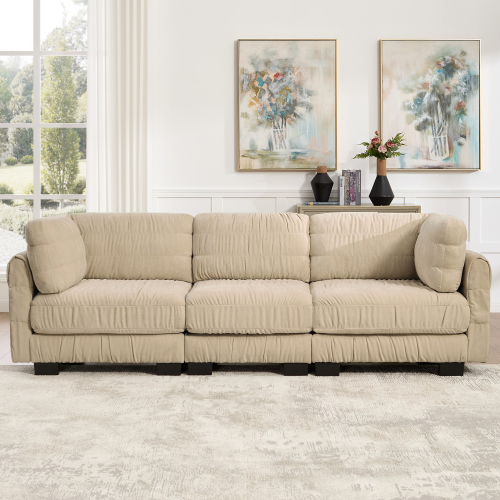Camel Chenille 3-Seat Modular L-Shaped Sofa with Ruched Cushions
