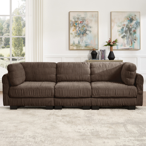 Brown 3-Seat Chenille L-Shaped Modular Sectional Sofa with Ruched Detail