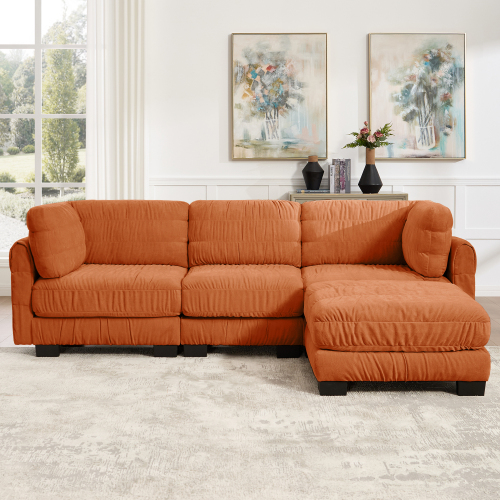 Orange 3-Seat Chenille Modular Sectional Sofa with Ottoman