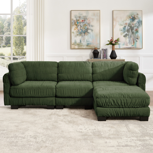 Green 3-Seat Chenille Modular L-Shaped Sofa with Movable Ottoman