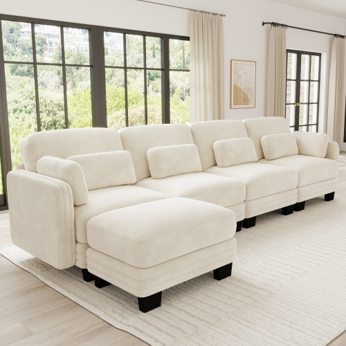 Beige Chenille 4-Seat Channel-Tufted U-Shaped Modular Sofa with Ottoman