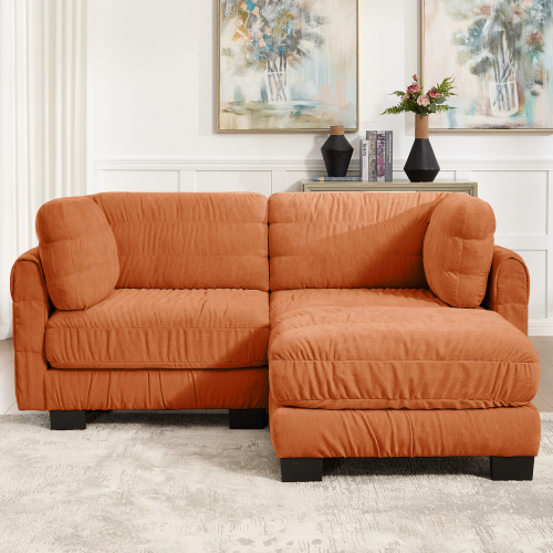 Orange 2-Seat Chenille Modular Sectional Sofa with Movable Ottoman