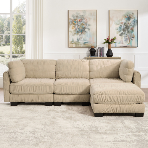Camel Chenille 3-Seat Modular Sectional Sofa with Movable Ottoman