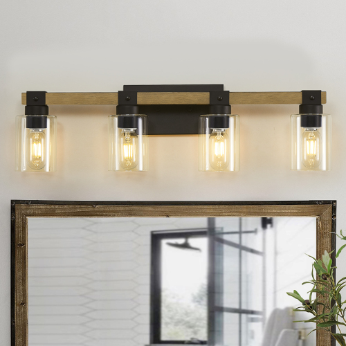 4-Light Farmhouse Vanity Light in Black & Brick Yellow with Glass Shades