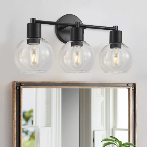 3-Light Globe Bathroom Vanity Light, Modern Industrial Black Metal Wall Sconce with Clear Glass Shades, Wall Lighting Fixture for Bedroom, Hallway, No Bulbs Included - Aluminium+Iron,Glass