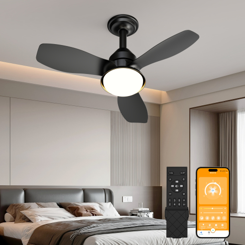 24.4" Black Ceiling Fan with Light, 3 Blades, 6-Speed Reversible Quiet DC Motor, Dimmable LED, APP & Remote Control, Flush Mount for Bedroom Living Room Covered Patio - ABS+PC - Modern - 1000lm-5000lm - 3000K-6500K - Ceiling Fans - Not Specified