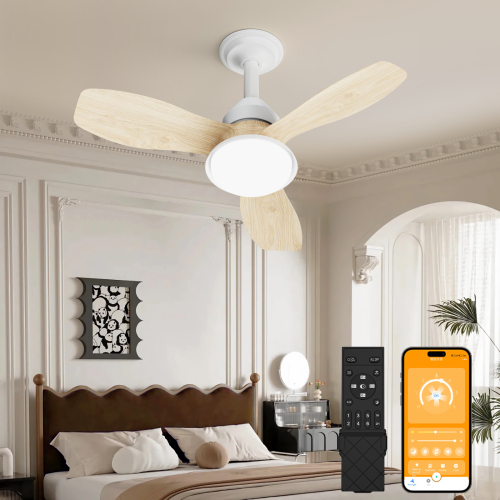 24.4" Wood Grain Ceiling Fan with Light, 3 Blades, 6-Speed Reversible Quiet DC Motor, Dimmable LED, APP & Remote Control, Flush Mount for Bedroom Living Room Farmhouse - ABS+PC - Modern - 1000lm-5000lm - 3000K-6500K - Ceiling Fans - Foam