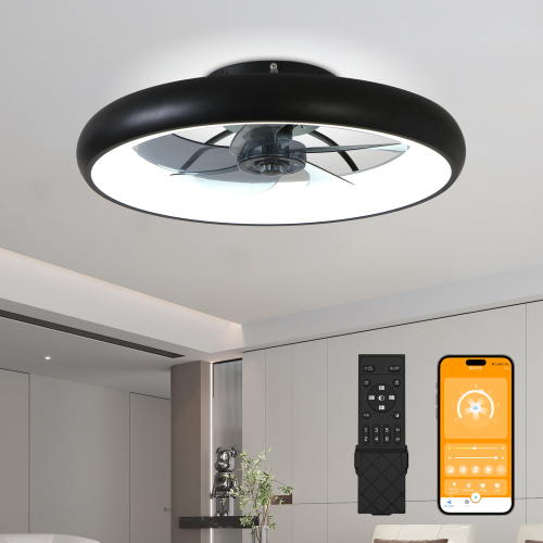21.7" Sleek Black Ultra-Thin Ceiling Fan with Light, 6-Speed Reversible Fandelier, 3-Color Temp Dimmable, Remote & APP Control, Silent Motor, Farmhouse Modern Decor for Bedroom Living Room - Acrylic,Aluminium+Iron - Foam - 1000lm-5000lm - 3000K-6500K - Ceiling Fans - LED