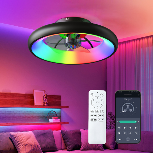 19.3" RGB Color Changing Ceiling Fan with Light, Low Profile Flush Mount Fan with Remote & APP, 6-Speed Silent Reversible Motor for Bedroom, Black - Acrylic,Aluminium+Iron - Foam - Modern - 1000lm-5000lm - 3000K-6500K - Ceiling Fans - LED