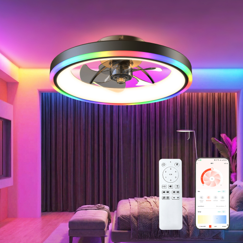 19.7" Modern RGB Ceiling Fan with Lights, Flush Mount Low Profile Fan with Remote & APP, 6-Speed Reversible Silent DC Motor, Dimmable 3000-6500K LED for Bedroom, Black - Acrylic,Aluminium+Iron - Foam - 1000lm-5000lm - 3000K-6500K - Ceiling Fans