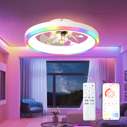 19.7" Modern RGB Ceiling Fan with Lights, Flush Mount Low Profile Fan with Remote & APP, 6-Speed Reversible Silent DC Motor, Dimmable 3000-6500K LED for Bedroom, White - Acrylic,Aluminium+Iron - Foam - 1000lm-5000lm - 3000K-6500K - Living room - Ceiling Fans