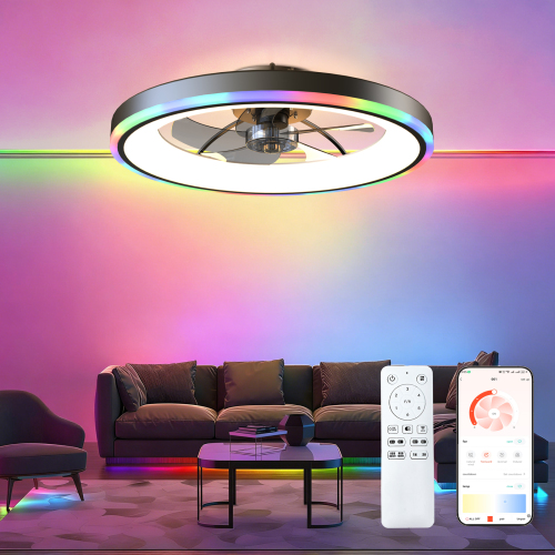 23.6" Modern RGB Ceiling Fan with Lights, Flush Mount Low Profile Fan with Remote & APP, 6-Speed Reversible Silent DC Motor, Dimmable 3000-6500K LED for Bedroom, Black - Acrylic,Aluminium+Iron - Foam - 1000lm-5000lm - 3000K-6500K - Living room - Ceiling Fans