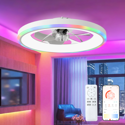 23.6" Modern RGB Ceiling Fan with Lights, Flush Mount Low Profile Fan with Remote & APP, 6-Speed Reversible Silent DC Motor, Dimmable 3000-6500K LED for Bedroom, White - Acrylic,Aluminium+Iron - Foam - 1000lm-5000lm - 3000K-6500K - Living room - Ceiling Fans