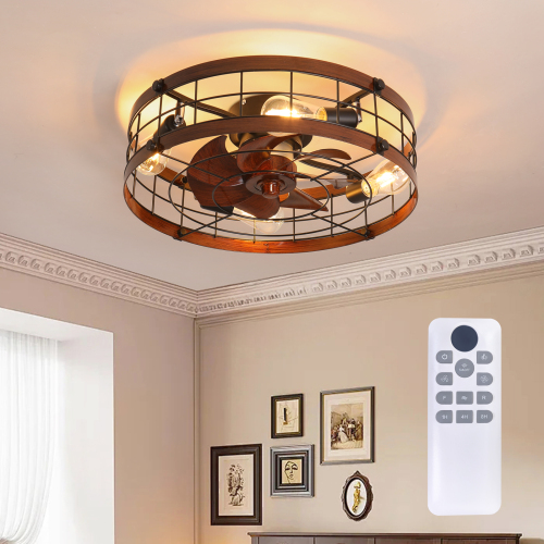 20.1" Farmhouse Caged Ceiling Fan with Lights, Flush Mount Low Profile Ceiling Fan with Remote, 6-Speed, Dimmable 3000-6500K LED Light for Bedroom Living Room, Wood - ABS,Iron - Foam - 1000lm-5000lm - 3100K-4200K(Neutral White) - Ceiling Fans