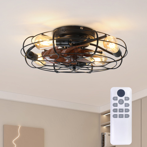 19.7" Industrial Caged Ceiling Fan with Light, 6-Speed Reversible DC Motor, E26 Bulb Base, Remote Control, Timer, Low Noise <30dB, Farmhouse/Industrial Decor for Bedroom/Living Room Kitchen - Wood - ABS,Iron - Foam - Farmhouse,Industrial - 1000lm-5000lm - 3100K-4200K(Neutral White) - Ceiling Fans - LED