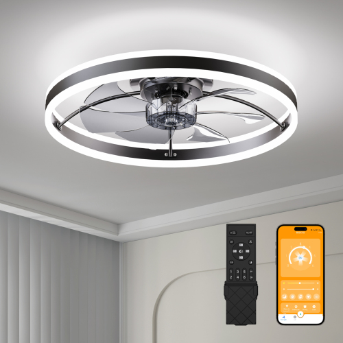 Smart Ceiling Fan with LED Light, 7 Blades Modern Metal Design, 6-Speed Quiet DC Motor, APP & Remote Control, Dimmable Light 3000K-6500K - Black - Acrylic,Aluminium+Iron - Foam - Ceiling Fans - 1000lm-5000lm - Bedroom