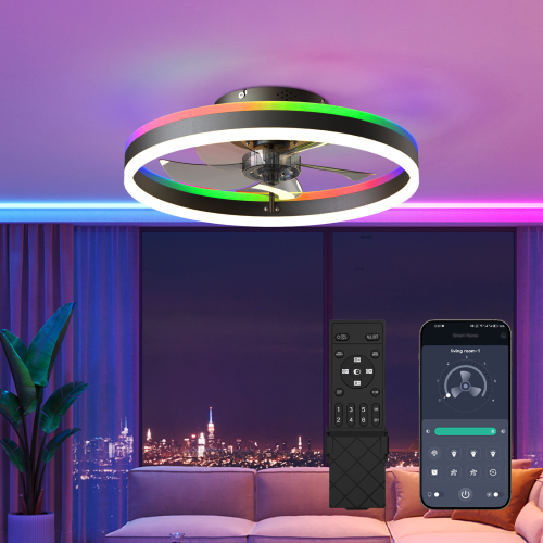 19.7" RGB Flush Mount Ceiling Fan with Light, 6-Speed Reversible Low Profile Fan with Remote & APP for Bedroom, Black - Acrylic,Aluminium+Iron - Foam - Modern - Ceiling Fans - LED - 1000lm-5000lm - 3000K-6500K