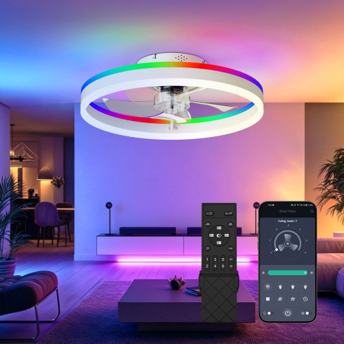 19.7" RGB Flush Mount Ceiling Fan with Light, 6-Speed Reversible Low Profile Fan with Remote & APP for Bedroom, White - Acrylic,Aluminium+Iron - Foam - Modern - Ceiling Fans - LED - 1000lm-5000lm - 3000K-6500K