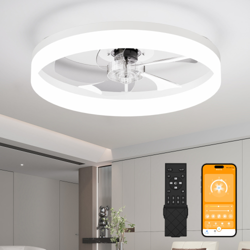 SHANGDONG 19.7'' LED Ceiling Fan Light with Remote & App Control, 6 Speeds, Dimmable, 3000K-6500K, Flush Mount WHITE Fandelier for Bedroom - Acrylic,Aluminium+Iron,Iron - Foam - Modern - 1000lm-5000lm - Ceiling Fans