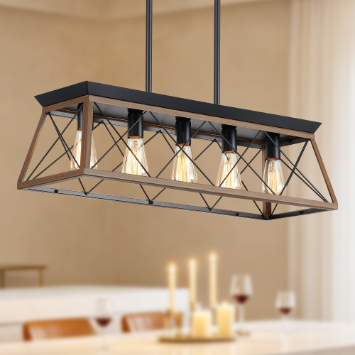 5-Light Farmhouse Chandeliers for Dining Room, Rustic Kitchen Island Lighting Pendant Light for Kitchen Dining Room Walnut,Adjustable Height Chandeliers for Kitche(No Bulbs) - Natural Wood+Brown - Iron - Traditional - Ceiling Lights - Incandescent