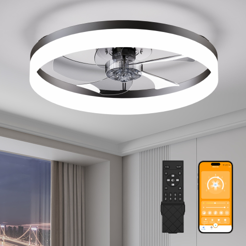 19.7'' LED Ceiling Fan Light with Remote & App Control, 6 Speeds, Dimmable, 3000K-6500K, Flush Mount BLACK Fandelier for Bedroom - Acrylic,Aluminium+Iron,Iron - Foam - Modern - 1000lm-5000lm - Ceiling Fans