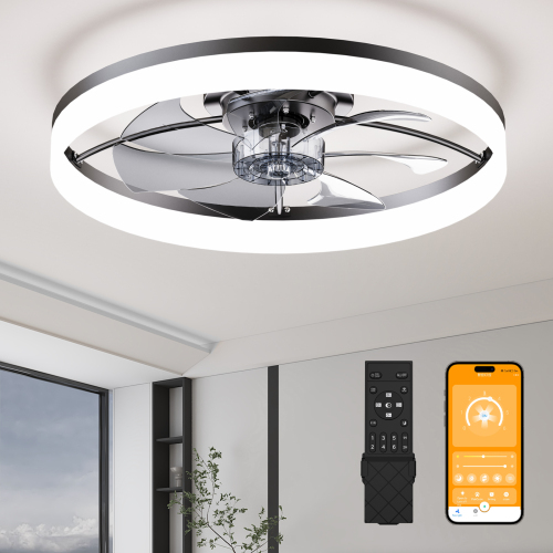 Ultra-Thin BLACK Ceiling Fan Light with Remote & App Control – 23.6'' Modern Flush Mount Fan Lamp, 6 Fan Speeds, Dimmable Brightness, 3000K-6500K Color Temperature for bedroom living room - Acrylic,Aluminium+Iron,Iron - Foam - 1000lm-5000lm - Ceiling Fans - LED