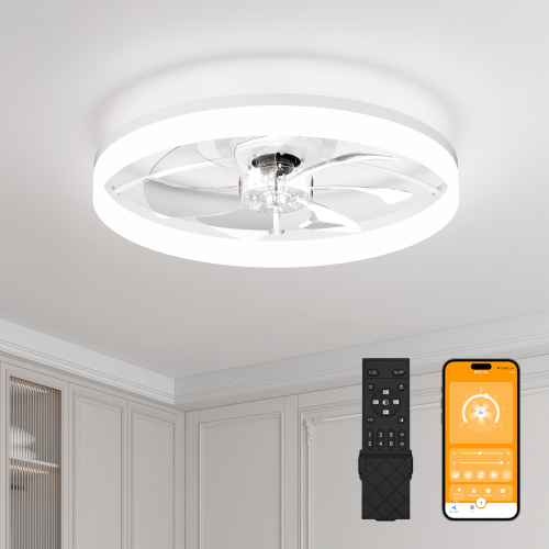 Ultra-Thin WHITE Ceiling Fan Light with Remote & App Control – 23.6'' Modern Flush Mount Fan Lamp, 6 Fan Speeds, Dimmable Brightness, 3000K-6500K Color Temperature for bedroom living room - Acrylic,Aluminium+Iron,Iron - Foam - 1000lm-5000lm - Ceiling Fans - LED