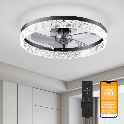 19.7" Ceiling Fans with Lights Remote and APP Control, Dimmable 3-Color and 6-Speed quiet DC Motor, BLACK Ceiling Fan for Living Room Bedroom - Acrylic,Aluminium+Iron - Modern - 1000lm-5000lm - 3000K-6500K - Not Specified - Not Specified