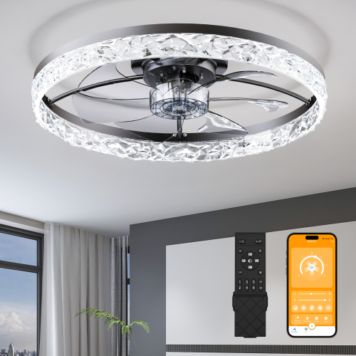 23.6" Ceiling Fans with Lights Remote and APP Control, Dimmable 3-Color and 6-Speed quiet DC Motor, BLACK Ceiling Fan for Bedroom Living Room - Acrylic,Aluminum - Modern - 1000lm-5000lm - 3000K-6500K - Foam - LED