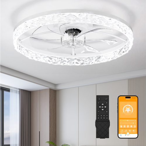 23.6" Ceiling Fans with Lights Remote and APP Control, Dimmable 3-Color and 6-Speed quiet DC Motor, WHITE Ceiling Fan for Bedroom Living Room - Acrylic,Aluminium+Iron - Modern - 1000lm-5000lm - 3000K-6500K - Foam - LED