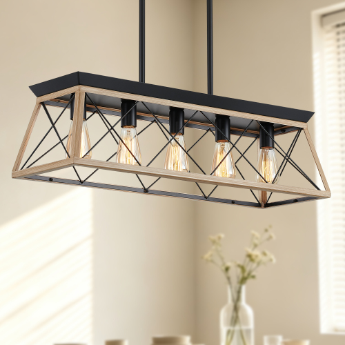 Farmhouse Chandeliers for Dining Room, Rustic Kitchen Island Light Fixture, 5-Light Linear Pendant Lighting Rectangular Chandelier,Dining Room Table Rustic Wood(No Bulbs) - Natural Wood - Iron - Traditional - Ceiling Lights - Incandescent