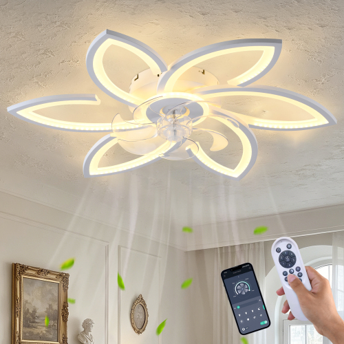 30" White 6-Head Flower Ceiling Fan with Lights Remote Control, Low Profile Ceiling Fan with Light for Kitchen Bedroom Living Room - ABS+PC,Iron - Contemporary,Mission,Modern - Ceiling Fans - LED - 1000lm-5000lm - 3000K-6500K