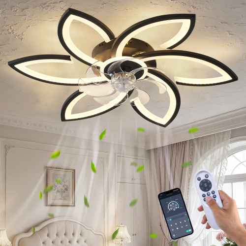 30" Black 6-Head Flower Ceiling Fan with Lights Remote Control, Low Profile Ceiling Fan with Light for Kitchen Bedroom Living Room - ABS+PC,Iron - Contemporary,Minimalist - Ceiling Fans - LED - 1000lm-5000lm - 3000K-6500K