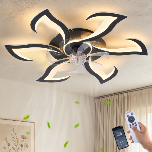 Black Flower Modern Ceiling Fans with Lights, Low Profile Ceiling Fan with Remote for Bedroom, 32inch Flush Mount Ceiling Fan with LED Dimmable Light,6-Speeds, Timing Ceiling Fan Light - ABS+PC,Iron - Contemporary - 1000lm-5000lm - 3000K-6500K