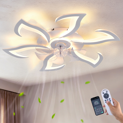 White Flower Modern CeilingFans with Lights, Low Profile Ceiling Fan with Remote for bedroom, 32inch Flush Mount Ceiling Fan with LED Dimmable Light,3-Colors, 6-Speeds, Timing Ceiling Fan Light - ABS+PC,Iron - Casual,Contemporary - Ceiling Fans - 1000lm-5000lm - 3000K-6500K