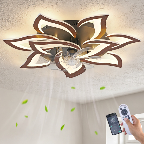 32" Wood Color 10-Head Geometric Ceiling Fan with Lights Remote Control, Low Profile Ceiling Fan with Light for Kitchen Bedroom Living Room - ABS+PC,Iron - Contemporary - Ceiling Fans - LED - 1000lm-5000lm - 3000K-6500K