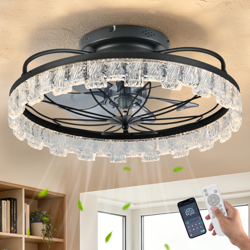 Rustic Black Ceiling Fan with Light, Farmhouse Flower Caged Ceiling Fan with Remote, LED Low Profile Ceiling Light for Bedroom Kitchen Living Room - Matte Black - ABS+PC,Iron - American Traditional,Art Deco - Ceiling Fans - 1000lm-5000lm - 3000K-6500K