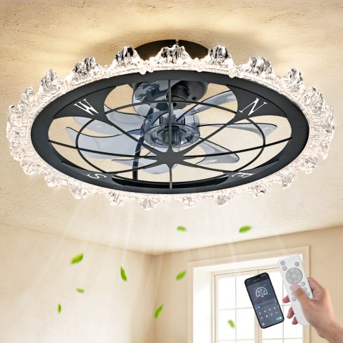 21" Vintage Caged Ceiling Fan with Light and Remote, Black Flush Mount Ceiling Fans, Low Profile Fandelier Ceiling Fan, 3 Colors Dimmable LED Lights, for Farmhouse, Kitchen, and Bedroom - Matte Black - ABS+PC,Iron - American Traditional,Art Deco - 1000lm-5000lm - 3000K-6500K