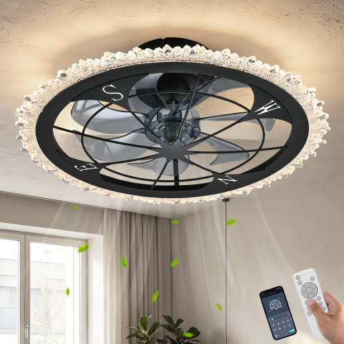 21" Black Caged Ceiling Fan with Light and Remote, Flush Mount Ceiling Fans, Low Profile Fandelier Ceiling Fan, 3 Colors Dimmable LED Lights, for Farmhouse, Kitchen, and Bedroom - Matte Black - ABS+PC,Iron - American Traditional,Art Deco - 1000lm-5000lm - 3000K-6500K