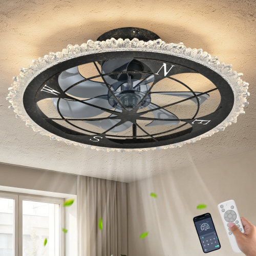 21" Vintage Caged Ceiling Fan with Light and Remote, Flush Mount Ceiling Fans, Low Profile Fandelier Ceiling Fan, 3 Colors Dimmable LED Lights, for Farmhouse, Kitchen, and Bedroom - Antique Black - ABS+PC,Iron - American Traditional,Art Deco - 1000lm-5000lm - 3000K-6500K