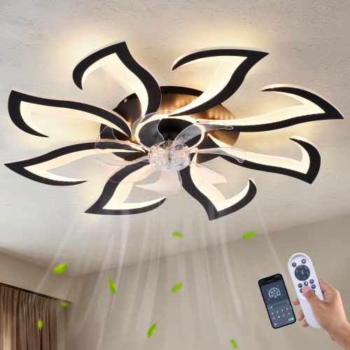 Black Flower Modern Ceiling Fans with Lights, Low Profile Ceiling Fan with Remote for Bedroom, 32inch Flush Mount Ceiling Fan with LED Dimmable Light,6-Speeds, Timing CeilingFan Light-8L - ABS+PC,Iron - Contemporary - 1000lm-5000lm - 3000K-6500K