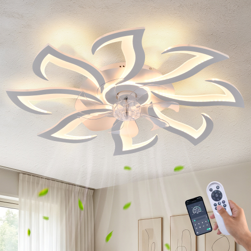 White Flower Modern Ceiling Fans with Lights, Low Profile Ceiling Fan with Remote for Bedroom, 32inch Flush Mount Ceiling Fan with LED Dimmable Light,6-Speeds, Timing CeilingFan Light-8L - ABS+PC,Iron - Contemporary - 1000lm-5000lm - 3000K-6500K