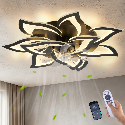 32inch Black Flower Modern Ceiling Fans with Lights, Low Profile Ceiling Fan with Remote for Bedroom, Flush Mount Ceiling Fan with LED Dimmable Light,6-Speeds, Timing Ceiling Fan Light - ABS+PC,Iron - Contemporary - 1000lm-5000lm - 3000K-6500K - Living room